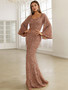 Spring Summer Fashion V Neck Bodycon Sequin Dress Mid Waist Bell Bottom Sleeve Long Evening Gown