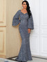 Spring Summer Fashion V Neck Bodycon Sequin Dress Mid Waist Bell Bottom Sleeve Long Evening Gown