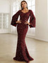 Spring Summer Fashion V Neck Bodycon Sequin Dress Mid Waist Bell Bottom Sleeve Long Evening Gown