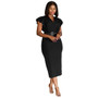 Solid Color V Neck Chic High Waist Ruffle Sleeve Slim Bodycon Dress