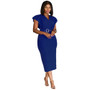 Solid Color V Neck Chic High Waist Ruffle Sleeve Slim Bodycon Dress