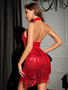 Summer Fashion Halter Neck Strapless Low Back Sequined Bodycon Tassel Dress