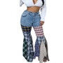 Women's Patchwork Houndstooth Bell Bottom Denim Ruffle Trousers