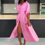 Spring And Autumn Women's  Fashion Chic Solid Color Slim Waist Long Sleeve Maxi Dress