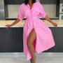 Spring And Autumn Women's  Fashion Chic Solid Color Slim Waist Long Sleeve Maxi Dress