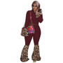 Women's  Clothing Casual Fashion Sports Leopard Long Sleeve Top Bell Bottom Pants Two-Piece Set