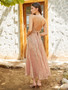 Women Sexy Backless Pleated Halter Neck Backless Sequined Evening Gown