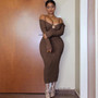 Women Sexy Off Shoulder V Neck Long Sleeve Dress