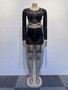 Women Sexy Patchwork Beaded Lace-Up Long Sleeve Crop Top and Shorts Two-piece Set