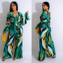 Women Casual Printed Lace-Up Long Sleeve Wide Leg Jumpsuit