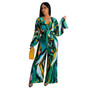 Women Casual Printed Lace-Up Long Sleeve Wide Leg Jumpsuit