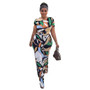 Women printed short-sleeved Casual Top and high-waisted trousers two-piece set