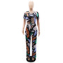 Women printed short-sleeved Casual Top and high-waisted trousers two-piece set