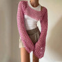 Women's Cute Crochet Crop Top Y2k Knitting Long Sleeve See-Through Shawl Beach Cover Up