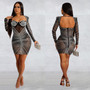 Fashion Women's Solid Color Mesh Beaded Long Sleeve Short Club Dress