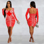 Fashion Women's Solid Color Mesh Beaded Long Sleeve Short Club Dress