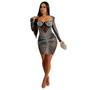 Fashion Women's Solid Color Mesh Beaded Long Sleeve Short Club Dress