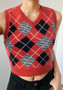 Women Solid Plaid Sleeveless V-Neck Sweater