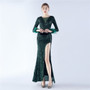 Women Sequined Ostrich Feather Long Sleeve Evening Gown