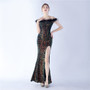 Women Sequined Ostrich Feather Off Shoulder Evening Gown