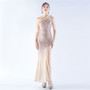 Women Gradient Sequins Beading and Ostrich Feather Slash Shoulder One-shoulder Evening Dress