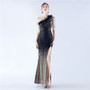 Women Gradient Sequins Beading and Ostrich Feather Slash Shoulder One-shoulder Evening Dress