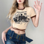 Summer Sexy Slim Fashion Print Round Neck Lace-Up Corset Crop T-Shirt Women