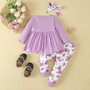 Autumn Baby Girl Ribbed Long Sleeve Printed Top Pants + Headband Three-Piece