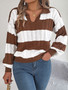 Autumn And Winter Casual V Neck Contrast Color Lantern Sleeve Pullover Women Sweater