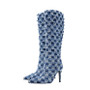 Women Checkerboard Denim Tassel Boots