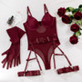 Sexy Lingerie Lace-Up Patchwork Slim Fit with Gloves Three-Piece