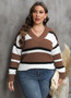 Ladies Pullover Sweater Plus Size Women's Fall Winter V-Neck Contrast Color Patchwork Fashion Sweater