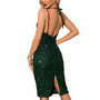 Women Sexy Backless Deep V Retro Camisole Sequined Evening Dress