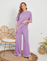 Women summer knitting short-sleeved Topand wide-leg pants two-piece set