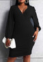 Plus Size Women V Neck Black Puff Sleeve Bodycon Dress