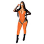 Sexy Plus Size Women's Clothing Color Block Mesh Long Sleeve Zipper Casual Jumpsuit