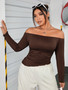 Plus Size Women's Autumn And Winter Brown Off Shoulder Long Sleeve T-Shirt Sexy Solid Color Top