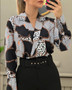 Autumn Loose Long-Sleeved V-Neck Pullover Printed Shirt For Women