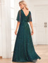 Shiny See-Through Sleeve Double V-Neck Pleated A Swing Evening Gown Wedding Sequin Dress