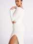 Women Autumn and Winter Round Neck Long Sleeve Slit Sexy Knitting Dress