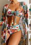 Women Long Sleeve Blouse Printed Sexy Swimwear Bikini Three-Piece