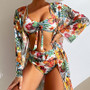 Women Long Sleeve Blouse Printed Sexy Swimwear Bikini Three-Piece