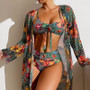 Women Long Sleeve Blouse Printed Sexy Swimwear Bikini Three-Piece