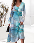 Autumn and winter fashion Chic elegant printed v-neck long-sleeved dress