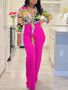 Women's Set Autumn Print Turndown Collar Long Sleeve Shirt Top Wide Leg Pants Two Piece Set