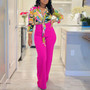 Women's Set Autumn Print Turndown Collar Long Sleeve Shirt Top Wide Leg Pants Two Piece Set