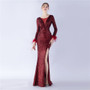 Women Elegant Ostrich Feather Long Sleeve Sequined Formal Party Evening Dress