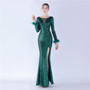 Women Elegant Ostrich Feather Long Sleeve Sequined Formal Party Evening Dress