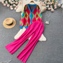 Women Casual Contrast color knitting V-neck jacquard cardigan sweater + wide-leg pants two-piece set