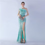 Women Elegant Beaded Ostrich Feather Slash Shoulder One Shoulder Formal Party Evening Dress